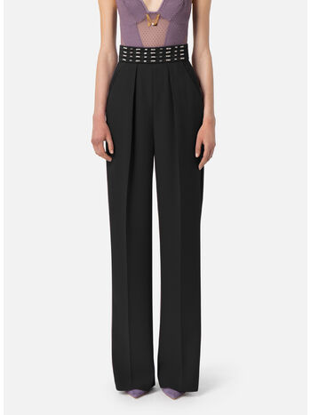 PANTALONE IN CRÊPE CON FASCIONE RICAMATO, 110 NERO, small