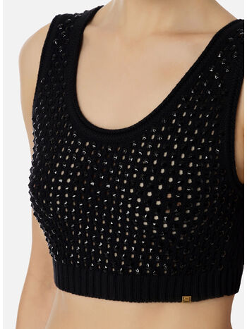 TOP IN COTONE PUNTO RETE CON STRASS, 110 NERO, small