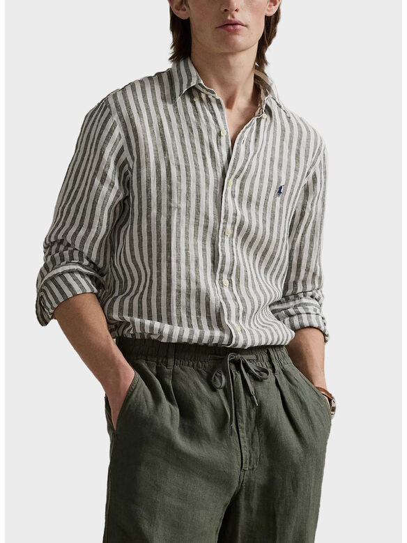 CAMICIA IN LINO A RGHE CON LOGO RICAMATO, NEW OLIVE/WHITE, medium