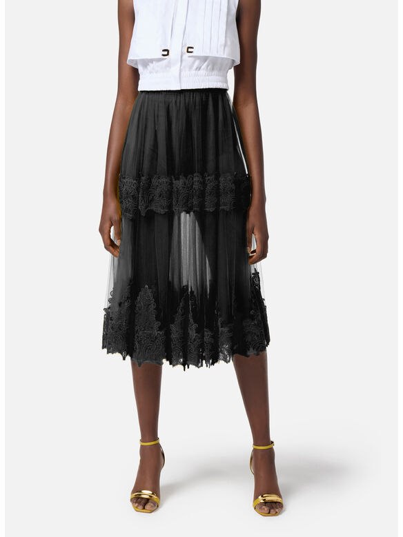 GONNA IN TESSUTO DI TULLE CON DECORAZIONI IN PIZZO, 110 NERO, medium