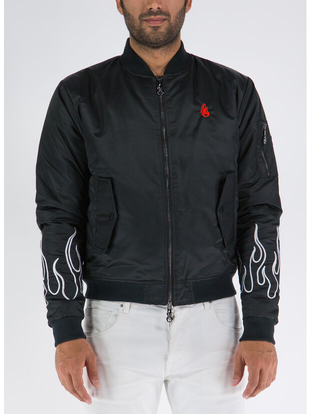 GIACCA BOMBER WITH WHITE EMBROIDERY FLAMES, BLACK WHITE, large