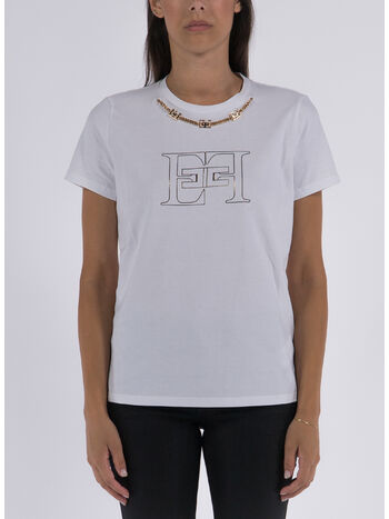 T-SHIRT IN COTONE CON LOGO E CATENA, 270 GESSO, small