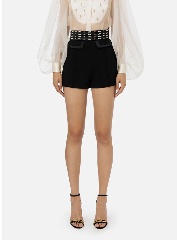 SHORTS IN CRÊPE CON FASCIONE ALTO RICAMATO, 110 NERO, large
