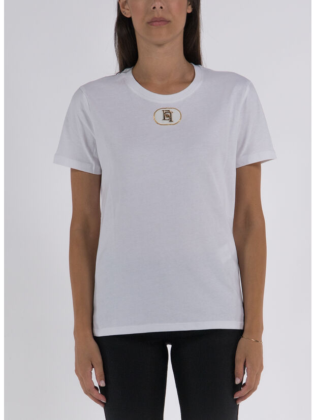 T-SHIRT IN JERSEY CON PLACCA LOGO IN VELLUTO, 270 GESSO, large