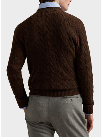 MAGLIONE GIROCOLLO IN MAGLIA TRECCIATO, CACAO BROWN HEATHER, small