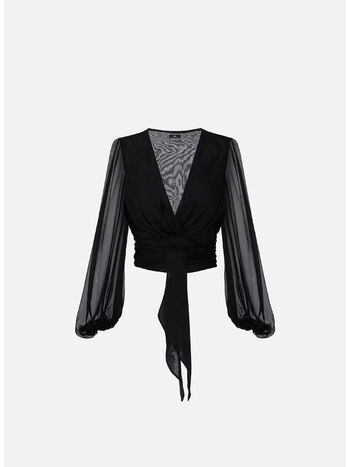 CAMICIA IN VOILE DI SETA CON FUSCIACCA, 110 NERO, small