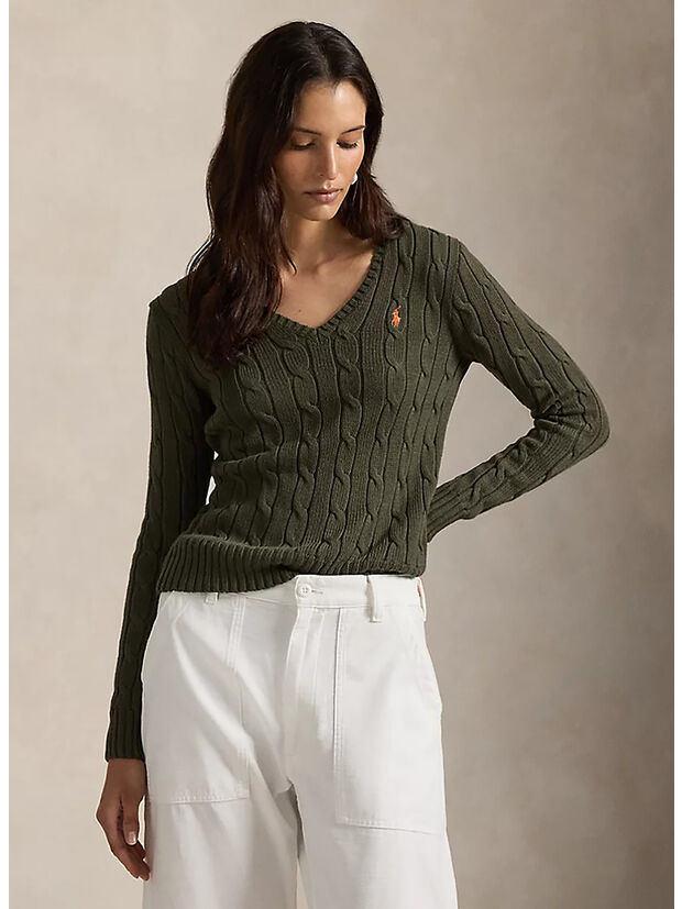 MAGLIA IN COTONE A TRECCE CON SCOLLO A V, HARVEST OLIVE, large