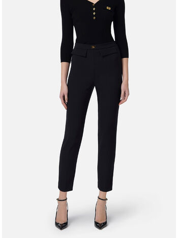 PANTALONE SLIM IN CRÊPE CON PLACCA LOGO, 110 NERO, small