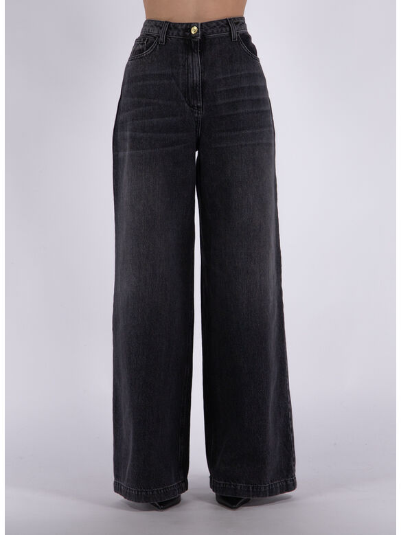 JEANS PALAZZO CON RICAMO IN VELLUTO, 102 BLACK DENIM, medium