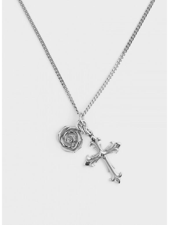 COLLANA CROSS + ROSE NECKLACE, SILVER, medium