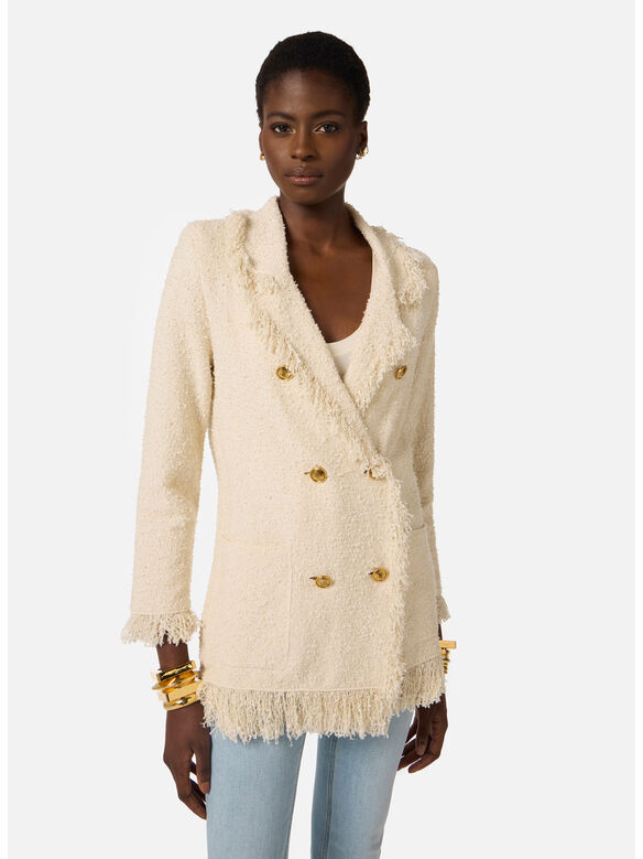 GIACCA IN MAGLIA BOUCL&egrave; CON FRANGE, 193 BURRO, medium