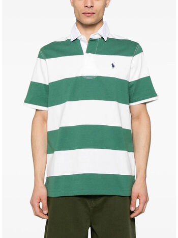 POLO A RIGHE CON PATCH LOGO, ANTIQUE GREEN/OXFORD WHITE, small