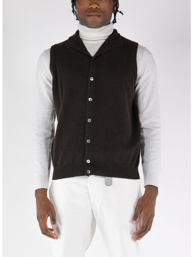 GILET CON COLLO A V, 190 MARRONE, large