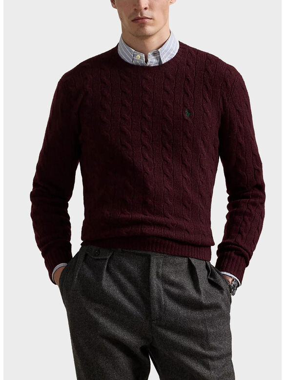 MAGLIONE GIROCOLLO IN MAGLIA TRECCIATO, AGED WINE HEATHER, medium