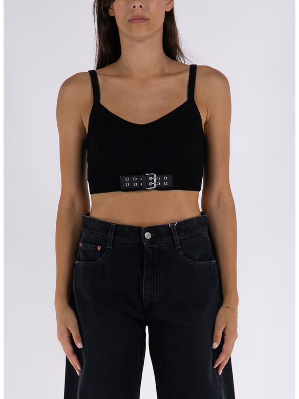 CROP TOP IN MAGLIA STRETCH BIKER BUCKLES, A0555, medium
