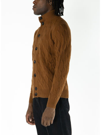 CARDIGAN IN TRECCIA CON COLLO ALTO, 065 BROWN NATURALE, small