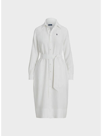 ABITO CHEMISIER IN COTONE E LINO CON CINTURA, WHITE, small