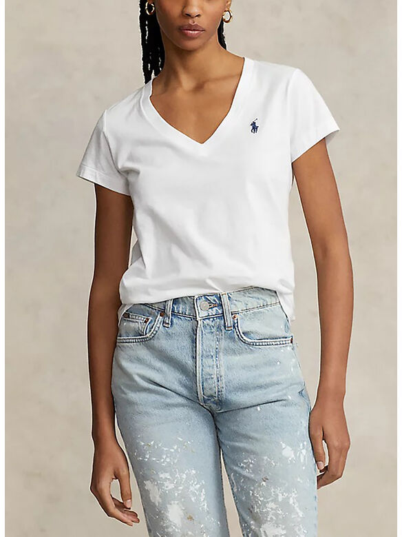 T-SHIRT CON SCOLLO A V, WHITE, medium