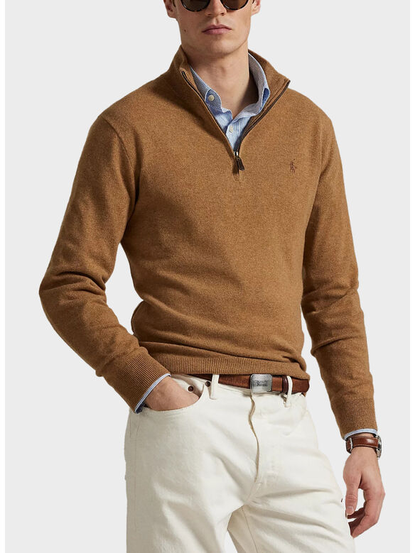 MAGLIONE MEZZA ZIP CON LOGO RICAMATO, LATTE BROWN HEATHER, medium