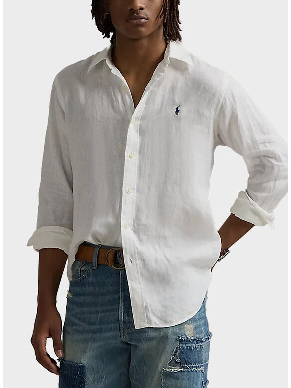 CAMICIA IN LINO CON LOGO RICAMATO, CERAMIC WHITE, medium
