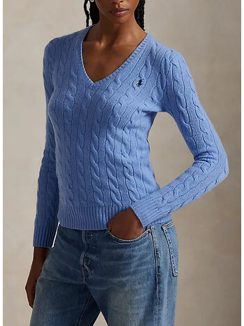 MAGLIONE CON SCOLLO A V IN MAGLIA TRECCIATO, NEW LITCHFIELD BLUE, small