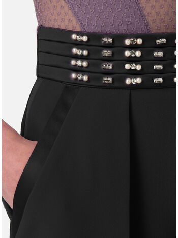 PANTALONE IN CRÊPE CON FASCIONE RICAMATO, 110 NERO, small