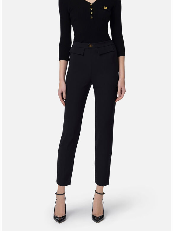 PANTALONE SLIM IN CRÊPE CON PLACCA LOGO, 110 NERO, medium