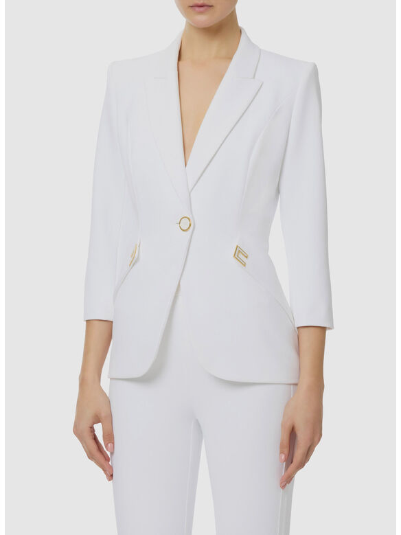 GIACCA IN DOPPIO CR&Ecirc;PE STRETCH CON DETTAGLI LOGO, 360 AVORIO, medium