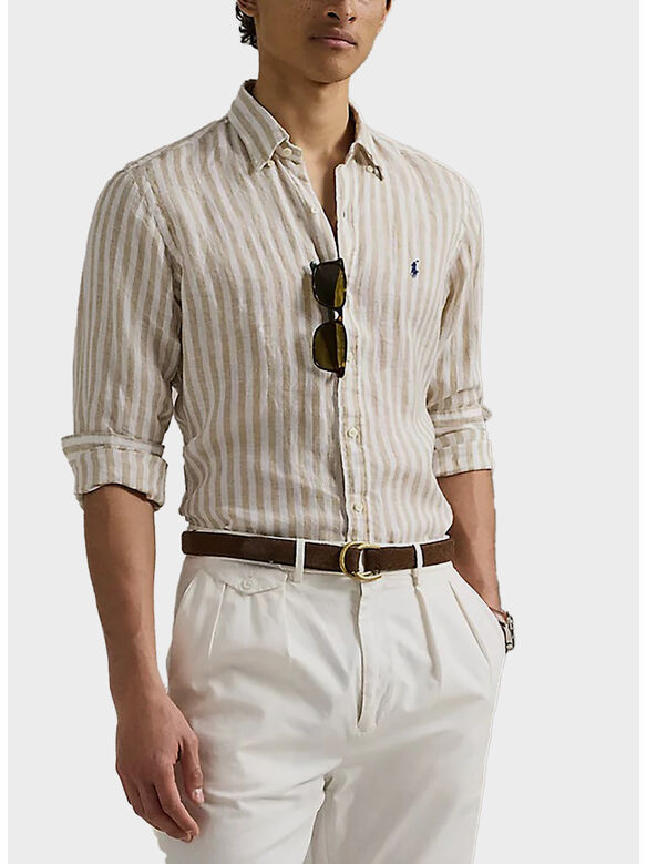 CAMICIA IN LINO A RGHE CON LOGO RICAMATO, COASTAL BEIGE/WHITE, medium