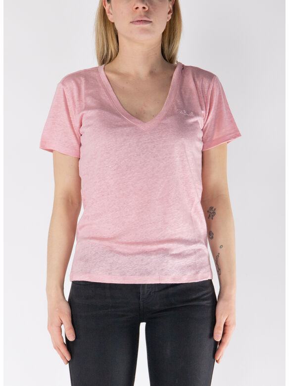 T-SHIRT ELOISE CON SCOLLO A V IN JERSEY DI LINO, 05967H 21H EMB, medium
