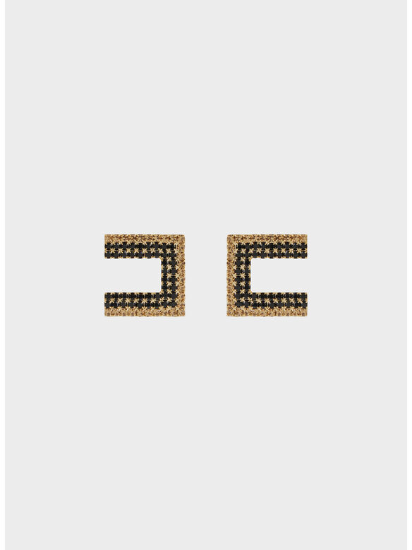 ORECCHINI CON CATENA IN STRASS BICOLORE, 053 NERO ORO, medium