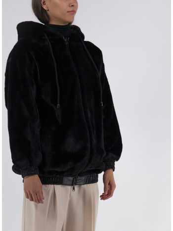 CAPPOTTO CORTO BOMBER CON CAPPUCCIO IN PELLICCIA, 024 NERO, small