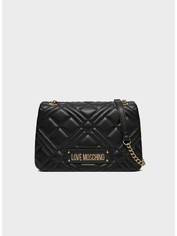 BORSA A SPALLA TRAPUNTATA CON LOGO IN RILIEVO, 000 NERO, medium