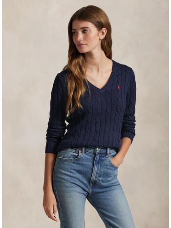 MAGLIONE IN COTONE A TRECCE CON SCOLLO A V, HUNTER NAVY, small