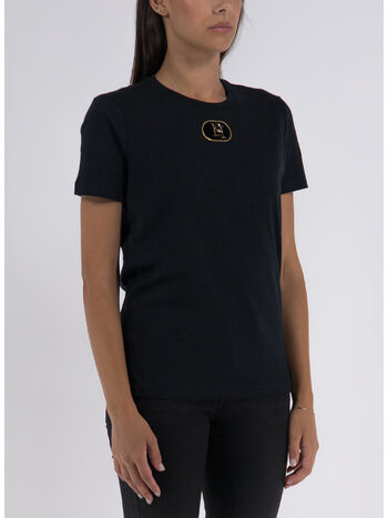 T-SHIRT IN JERSEY CON PLACCA LOGO IN VELLUTO, 110 NERO, small