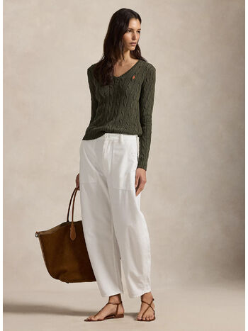 MAGLIA IN COTONE A TRECCE CON SCOLLO A V, HARVEST OLIVE, small