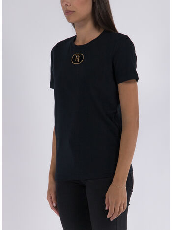T-SHIRT IN JERSEY CON PLACCA LOGO IN VELLUTO, 110 NERO, small