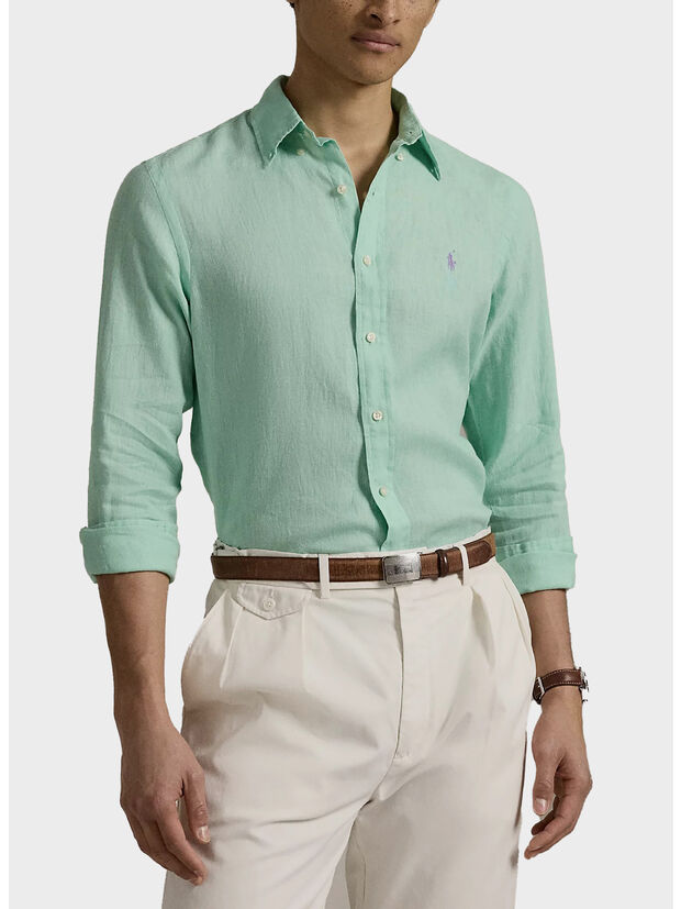 CAMICIA IN LINO CON LOGO RICAMATO, AQUA VERDE, large