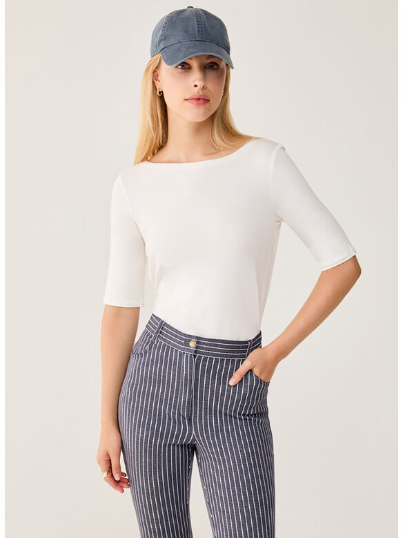 T-SHIRT CON SCOLLO A BARCHETTA, 001 AVORIO, medium