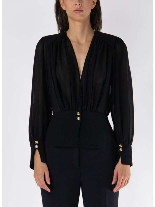 BLUSA IN GEORGETTE CON BASCHINA, 110 NERO, large