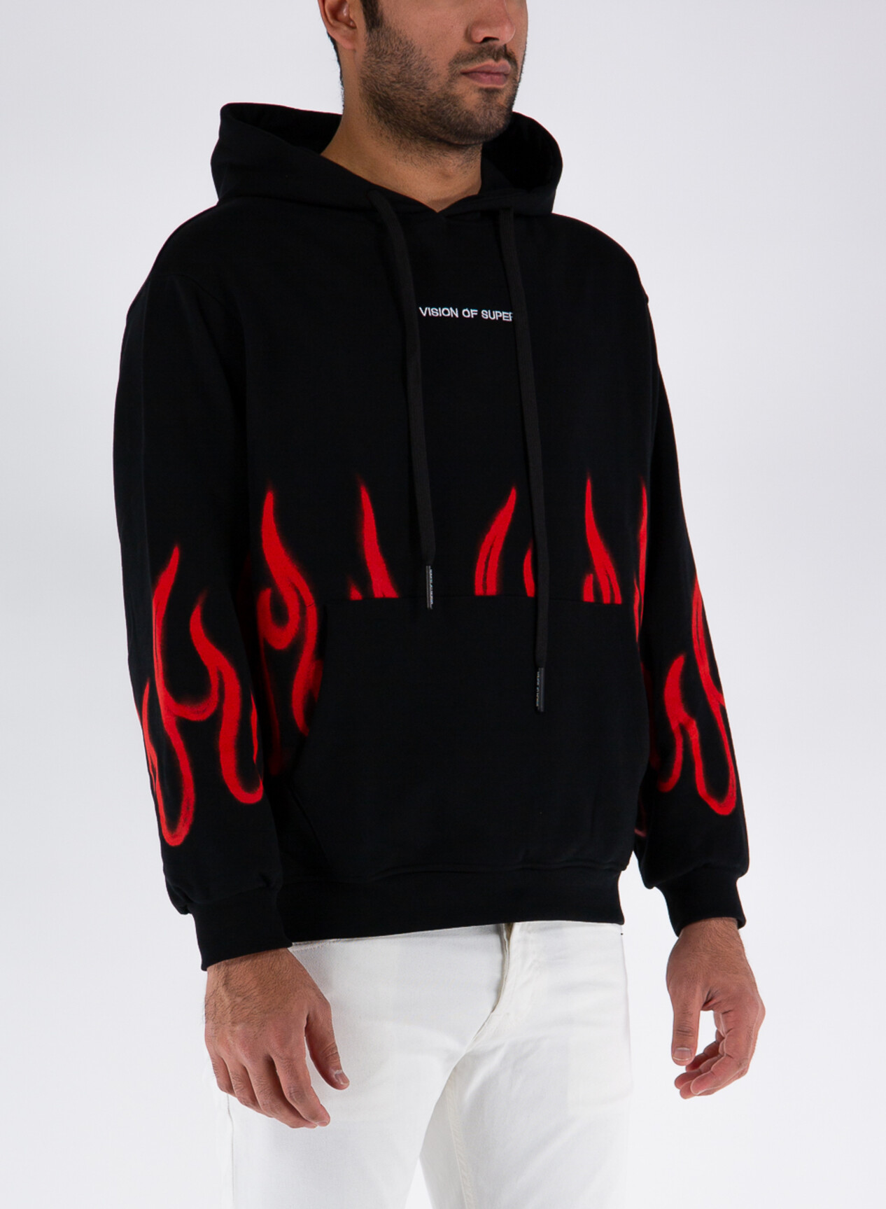 VISION OF SUPER FELPA CON CAPPUCCIO FLAMES Nero Rosso Uomo