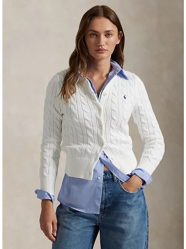 CARDIGAN A GIROCOLLO IN COTONE A TRECCE, WHITE, large