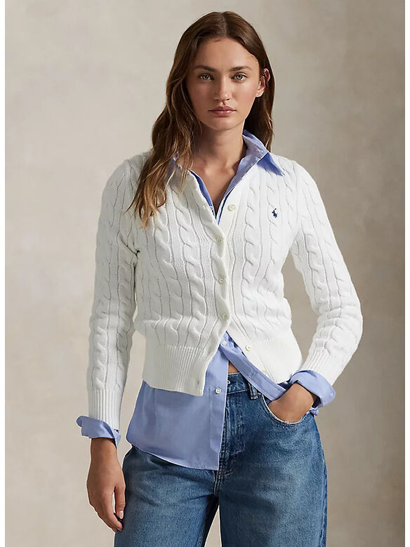 CARDIGAN A GIROCOLLO IN COTONE A TRECCE, WHITE, medium