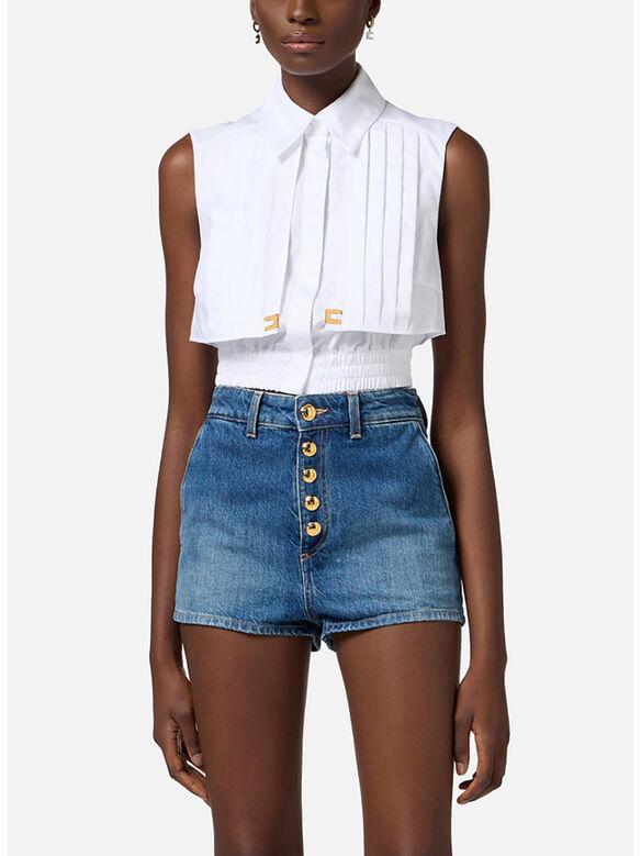 CAMICIA CROPPED CON MANTELLINA, 100 BIANCO, medium