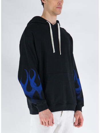 FELPA CON CAPPUCCIO WITH BLUE FLAMES, BLACK, small