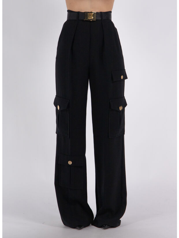 PANTALONE CARGO IN CREPE CON CINTURA, 110 NERO, large