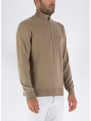 PULLOVER CON COLLO ALTO E MEZZA ZIP, HONEY BROWN HEATHER, small