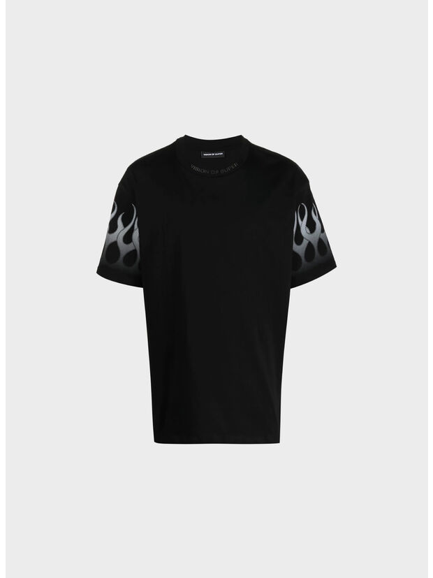 T-SHIRT WITH WHITE FLAMES, BLACK, large