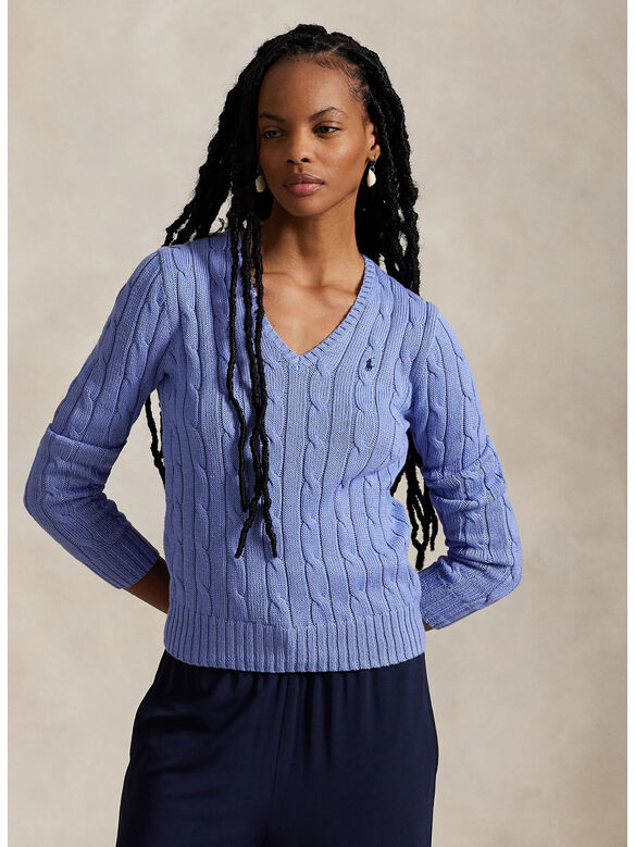 MAGLIONE IN COTONE A TRECCE CON SCOLLO A V, NEW LITCHFIELD BLUE, medium