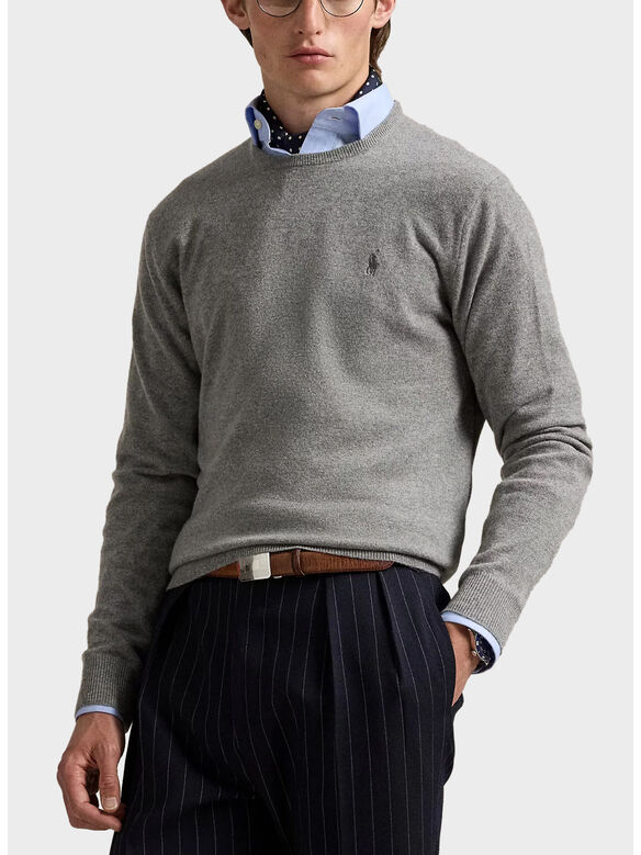 MAGLIONE GIROCOLLO IN LANA CON LOGO RICAMATO, FAWN GREY HEATHER, medium